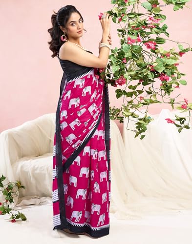 Image of SIRIL Women's Printed Cotton Saree with Unstitched Blouse Piece