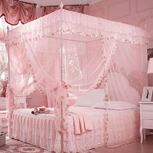 Ichiias Net, Luxury Princess 3 Side Openings Post Bed Curtain Canopy Netting Net Bedding Bed Canopy Mosquito(Pink, 120 * 200 * 200)