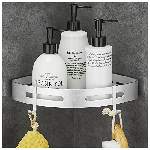 GRICOL Etagère de Douche Sans Perçage Étagère d'Angle Douche avec Autocollant Aluminium avec 2 Crochets Antirouille pour Salle de Bain Argent