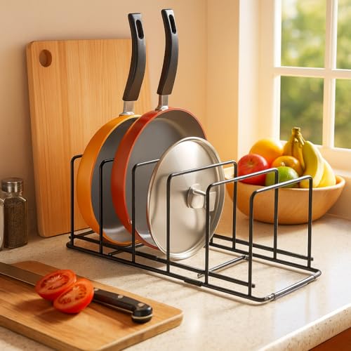 Image of Craftize Mstore pot rack Pan Pot Rack Lid Holder Countertop - 6 Slot Adjustable Cookware Organizer, Black Iron Pot Lid Stand 17 inch x 7 inch x 6 inch, Kitchen Counter Storage Rack for Pots & Pans (Modern)