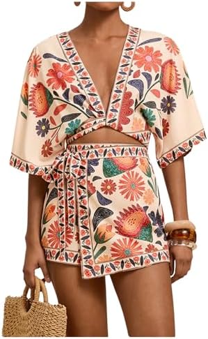 RoseSeek Women's 2 Piece Outfits Half Sleeve Crop Blouses and Wra...