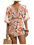 RoseSeek Women's 2 Piece Outfits Half Sleeve Crop Blouses and Wrap Skirts Set Boho Beach Vacation Clothes Pink XX-Large