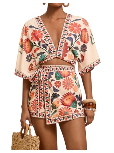 RoseSeek Women's 2 Piece Outfits Half Sleeve Crop Blouses and