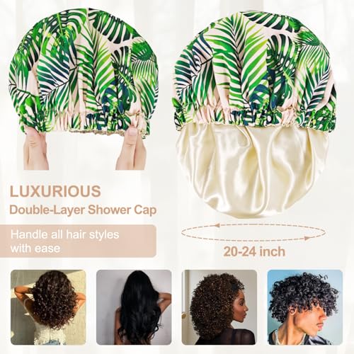 Reusable Shower Caps for Women Waterproof, Large Luxury Washable Elastic Band Bath Hair Bonnet, Double Layer Stylish Shower Hat for Long Hair, Braids, Curly(Plantain Leaf) - Image 4