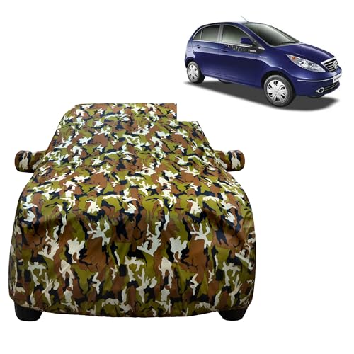 Image of VYAS 100% Waterproof Car Body Cover for Tata Vista (2008-2014) with Mirror Pocket Triple Stitched Belt & Buckle Fitting Dual Elastic, Durable Material Jungle Print Camouflage Design
