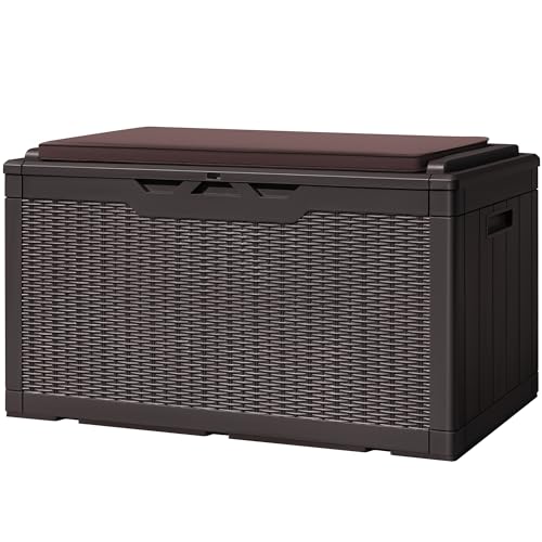Greesum 100 Gallon Resin Deck Box Large Outdoor Storage with Cushions for Patio Furniture Garden Tools Pool Supplies Weatherproof and UV Resistant Lockable Dark Brown
