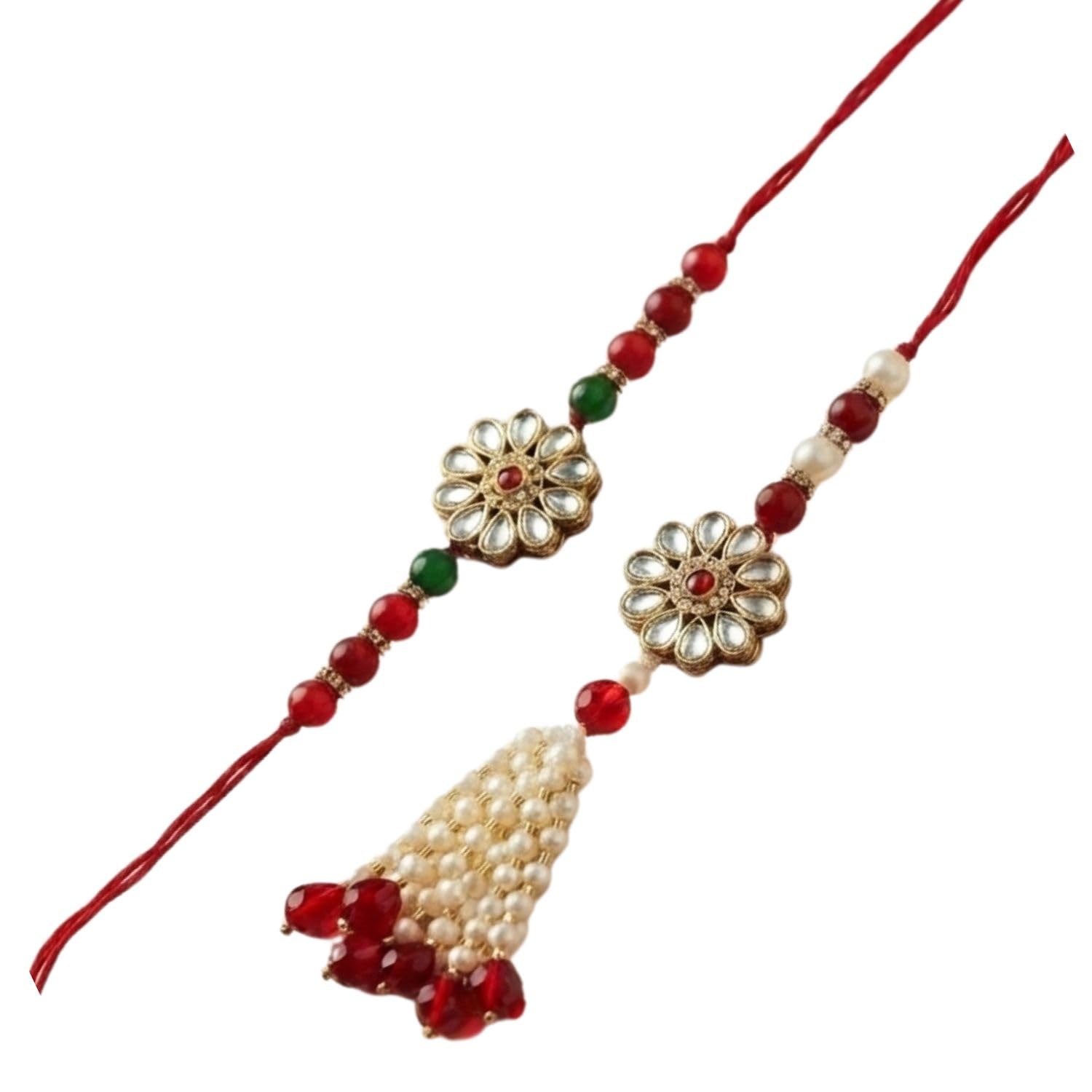 Handcrafted Designer Rakhi with Floral Center Pearl Tassel and Beads-image-7