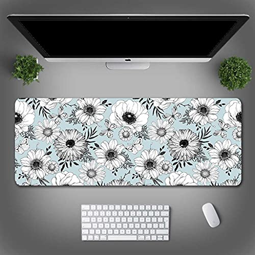 Tapis de souris gamer XXL fleurs blanches 900x400 pour souris antidérapant