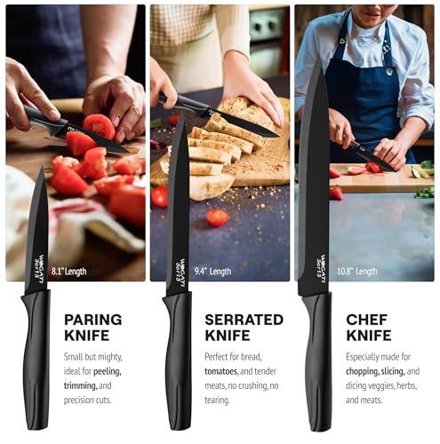 WAGATI Sharp Kitchen Knife Set of 3 – Black Kitchen Knives – Stainless Steel Non Stick Blades – Includes Chef Knife, Tomato Knife and Paring Knife – Ergonomic Soft Touch Handles - Image 3