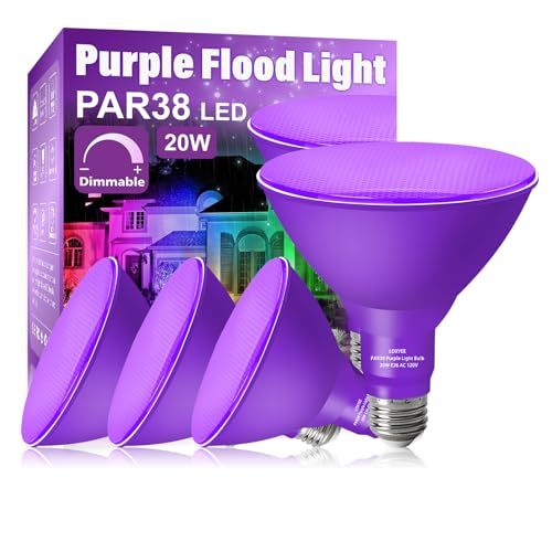 LOXYEE PAR38 LED Outdoor Flood Light Bulbs Dimmable 20W(200W Equivalent) E26 Base Flood Light Bulbs 1800 Lumens LED Flood Light for Outdoor Garden Garage Yards Purple 4 Pack