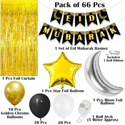 Image of Rozi Decoration Eid Mubarak Decoration Backdrop for Home, Office, Shop Eid Mubarak Banner Decoration Items, Eid Decoration Items for Home Decor Pack of 66 Pcs