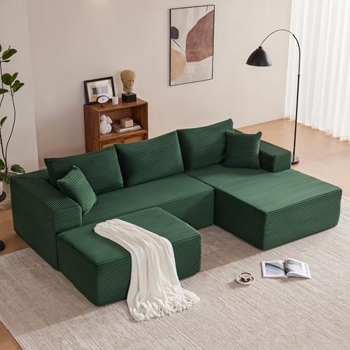 Image of Mangodan 110 inch Cloud Sectional Couch, Boneless Sofa for Living Room, Modular Sectional Sofa with Deep Seat, Comfy Fluffy U-Shaped Couch with Right-Facing Chaise, No Assembly Required, Green