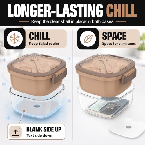 Image of Salad Container with Ice Pack & Handle, 6.8 Cup / 1600ml Large Portable Salad Bowl Lunch Box with Lid, Fork Holder & Sauce Cup, 4-Compartment Removable Tray Meal Prep Bento Box, Brown