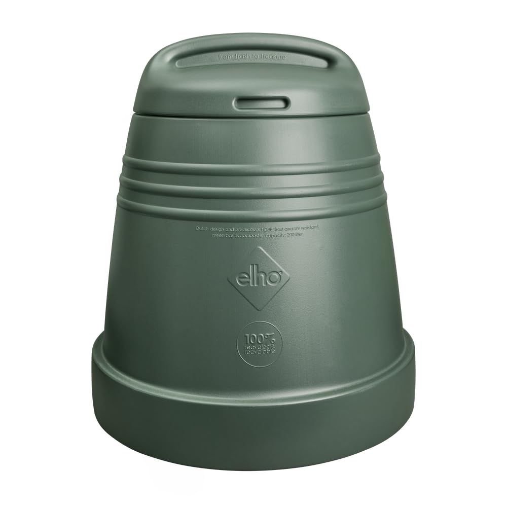 Elho Green Basics kompostownik ogrodowy, 200 l, 100% plastik z recyklingu, Ø dł. 66,6 x szer. 65,0 x wys. 72,5 cm, zielony/zielony liściasty