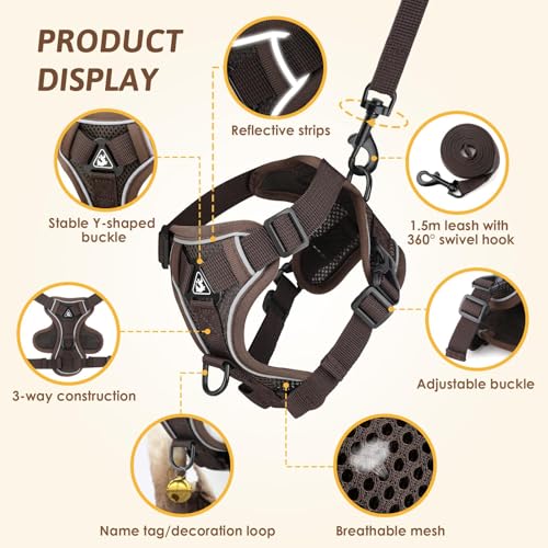 GlasFlength Katzengeschirr mit Leine Ausbruchsicher, Katzenleine mit Geschirr für Katzen Verstellbar Katzen Geschirr Set Cat Harness Softgeschirr für Katze mit Reflektierenden Streifen (Kaffee-M)