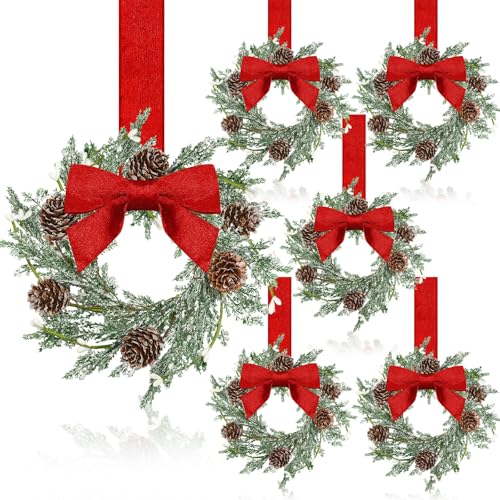 Image of Dingion 6 Pcs 6 inch Christmas Mini Cabinet Wreaths Cedar for Kitchen with Ribbon Bows Red Berry Frosted Cedar Pine Small Window Wreath for Window Door Home Wall Farmhouse Christmas Party Decorations