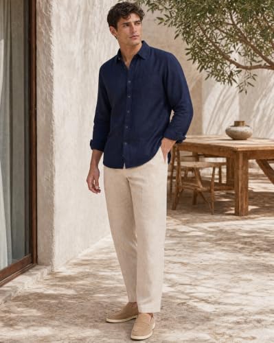 Image of Nobero Breezy Premium Linen Cotton Shirt for Men | Stylish Casual Shirts for Men | Semi Cut Collar | Box Pleat | Curved Hem | Regular Fit | Full Sleeve | S-XXXL
