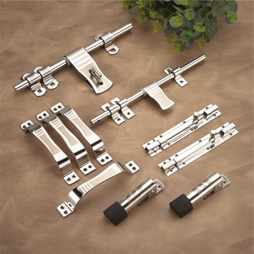 Image of COMPASS D-Cut Stainless Steel Heavy Double Door Fitting Accessories Full Set /Kit (1 Aldrop, 1 Latch, 4 Handles, 2 Tower Bolt and 2 Door Stopper | 12 inch | SS Finish