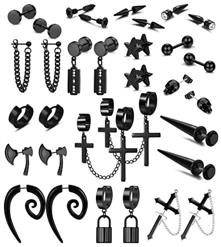 Florideco 16 Pairs Stainless Steel Y2K Punk Earrings Black for Men Women Mens Earrings Skull Cool Emo Goth Chains Jewelry Piercing Dangle Hoop Earrings Stud Set