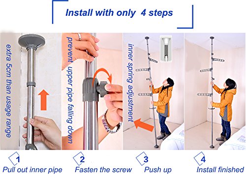 Baoyouni Telescopic Laundry Tension Pole Corner Clothes Hanging Drying Rack Floor To Ceiling Jacket Coat Hanger Garment Storage Organizer Stand Space Saving With Adjustable Arms - Ivory #TOP6