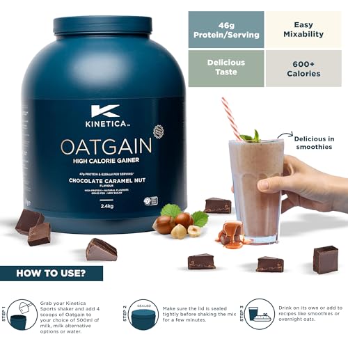 Kinetica Sports OatGain Weight Gainer - Chocolate Caramel Flavour | 620 Cal, 47g Protein & 78g Carbs/Serve, 15 Serving/2.4Kg | Optimum Grass Fed Protein Supplement | High Calorie & Easy Mixability - Image 6