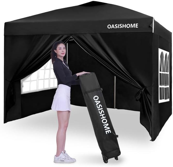 OASISHOME Pop-up Gazebo Instant Portable Canopy Tent 10'x10', with 4 Sidewalls, Windows, Wheeled Bag, for Patio/Outdoor/Wedding Parties and Events (10FTx10FT, Black) Black 10X10