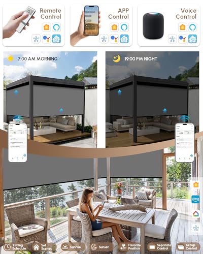 Image of Kincmo Motorized Outdoor Shades for Patio Porch, Custom Outdoor Motorized Blinds with Remote, Waterproof & Windproof Patio Shades Work with Apple Home,Alexa,Google (Medium Grey-0% Openness)