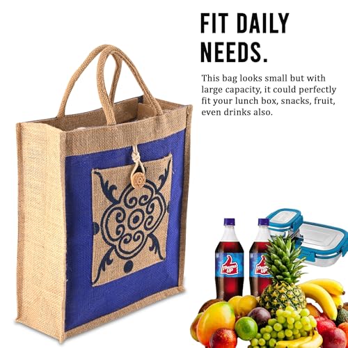 Image of Kuber Industries 3 Pcs Jute Medium Shopping Bag for Women with Handle | Reusable Carry /Shopping Bag for Grocery | Flower Design - Brown & Blue