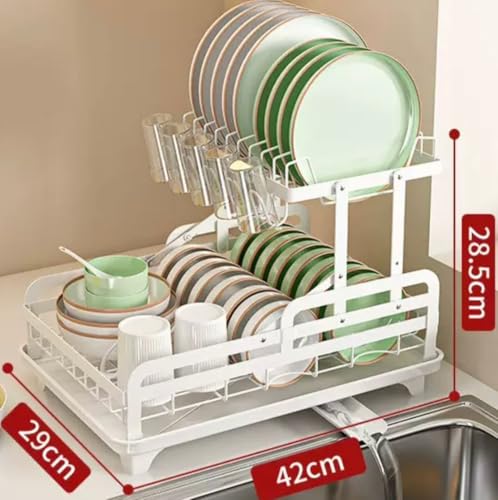 Image of HomeCloud 2 Tier Large Dish Drying Stand, Kitchen Dish Drainer with 360 Flexible Draining Board for Counter - Sink Drainer with Drip Tray, Utensil Holder, Cup Organizer (White)