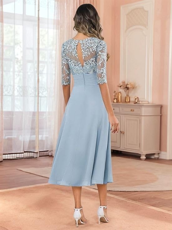 Lace Applique Mother of The Bride Dresses A-Line Tea Length Grandmother Dress Ruched Half Sleeve Evening Formal Gown2