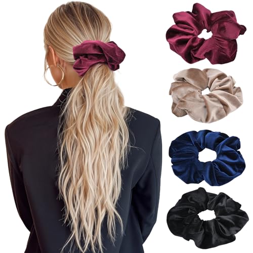 SGQTZDZQ Elastici per capelli grandi, in velluto, da donna, in tinta unita, morbidi, extra grandi (nero, blu navy, cammello + rosso vino, L)