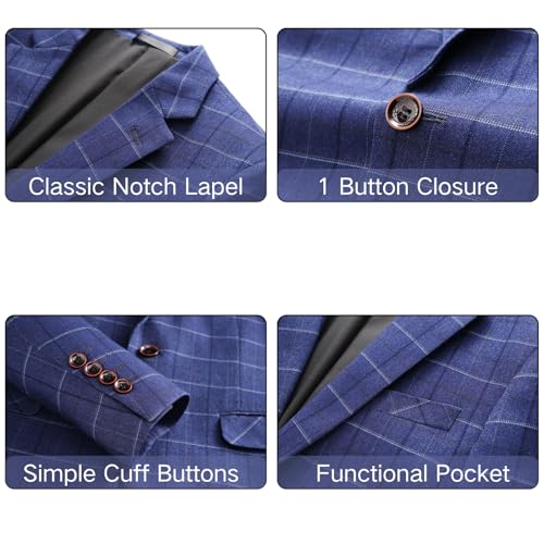 UNINUKOO Men's Suit Plaid 3 Piece Slim Fit Tuxedo Checked Business Formal Black Blue Suits for Men US Size 40 Navy Blue4