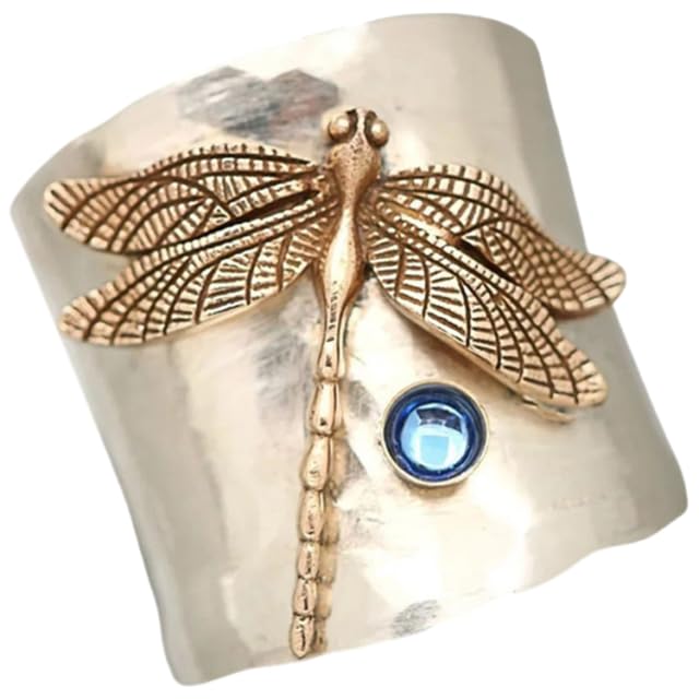 Dragonfly Bee Ring for Women,S925 Sterling Silver Fashion Blue Gem Dragonfly Wide Faceted Vintage Ring, Sparkling Dragonflies Sapphire Ring with Diamonds Fashion Jewelry Wedding Band