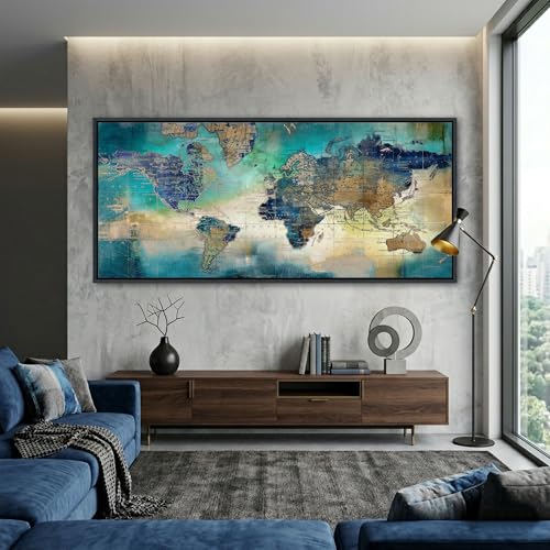 Image of Large World Map Canvas Prints Wall Art for Living Room Office Green World Map Picture Artwork Decor for Home Decoration Black Framed Wall Art