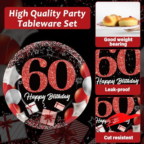 Image of gisgfim 96 Pcs 60th Birthday Plates and Napkins Party Supplies 60 Years Old Birthday Party Tableware Set Red Black Dinner Dessert Plates 60th Birthday Decorations Favors for Man Women for 24 Guests