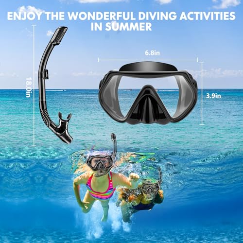 Schnorchelset Erwachsene, Schnorcheln Set mit Anti-Fog Taucherbrille und Dry Schnorchel, Professionelle Schnorchelmaske Tauchmaske aus Gehärtetem Glas für Schnorcheln (Black+Green)