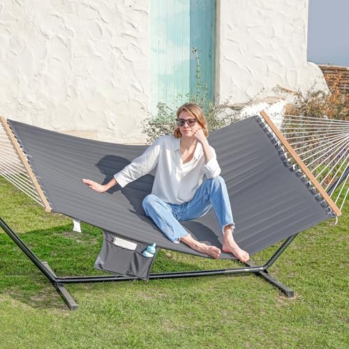 GAFETE Hammock 2 Person Quilted Fabric Hammocks for Outside, Double 12ft Hammocks with Spreader Bar, Large Removable Pillow, Storage Bag, Carabiners, Max 475 lbs Capacity (Dark Grey) by gafete - Image 2