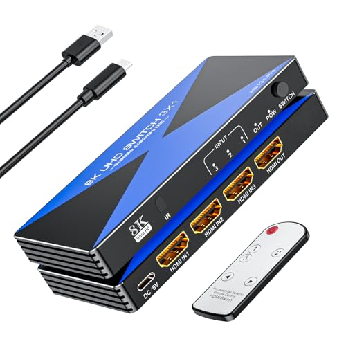 8K@60Hz HDMI Switch 3 in 1 Out. ALYYDBG HDMI 2.1 Switcher Supports DSC 4K@240Hz 3D HDR10+ HDCP 2.3 VRR for PS5/4 Xbox Nintendo Switch Roku Fire Stick Apple TV to Connect TV Monitor