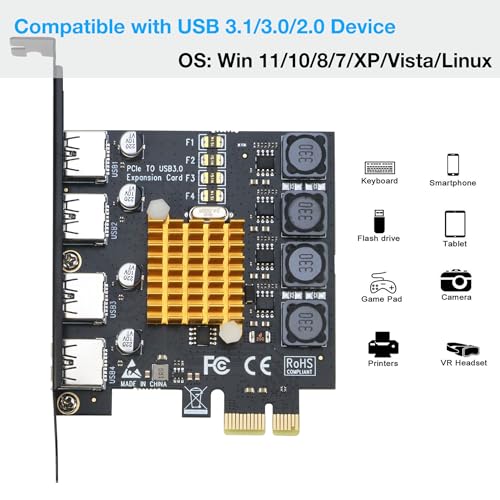 Image of RIITOP USB 3.0 PCIe Card 4-Port PCI Express x1 to USB 3.0 Expansion Adapter Internal USB3 HUB on PC for Win 11 /10 (No Additional Power Required)