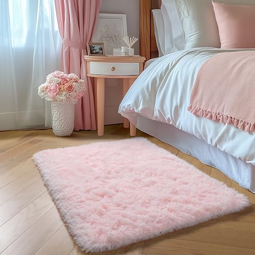 Amdrebio Pink 2x3 Small Area Rugs for Girls Bedroom, Mini Fluffy Shaggy Throw Rug for Kids Room Decor, Cute Shag Fuzzy Carpet for Living Room Door Entryway Baby Nursery Preppy Dorm Playroom, Washable