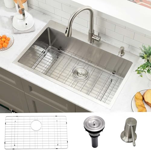 Comparison: Best Drop In Sink For Laminate Countertops 11 30 Inch Drop In Kitchen Sink Top Mount-Wesliv 30x18 Stainless Steel Kitchen Sinks Drop In 18 Gauge Single Bowl Deep Stainless Steel Sink with Bottom Rinse Grid &Soap Dispenser
