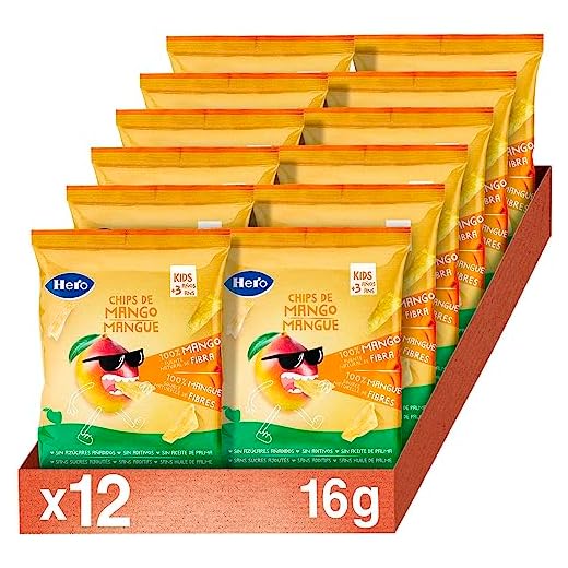 Hero Snack Chip de Mango con lo bueno de la fruta sin azúcares añadidos y sin gluten - Pack 12x16gr