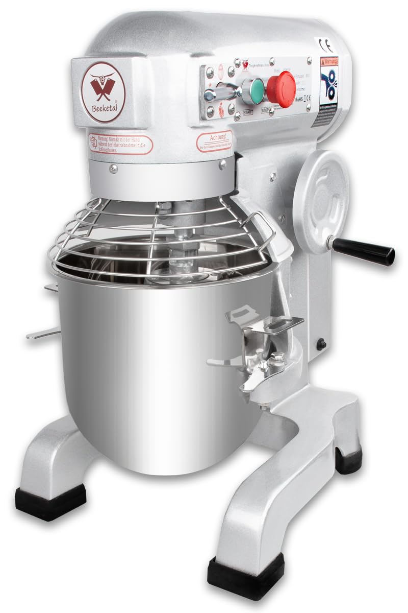 Beeketal 'BSM10P' Profi Teigknetmaschine mit Planetenrührwerk 10 Liter Kapazität (3 Stufen 105, 170, 340 U/min), Knetmaschine inkl. Knethaken, Schneebesen und Flachrührer - silber lackiert