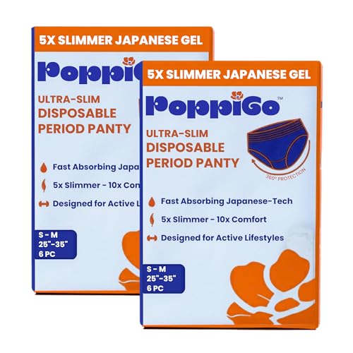 Poppigo Ultra-Slim Period Panty for Girls & Women | (S-M) |12 Pcs (6pc x 2packs) | 25" -35"| Gym, Yoga, Sports, Overnight, Travel | Japanese Gel | Instant Dry | Leak Proof | Rash Free | Disposable