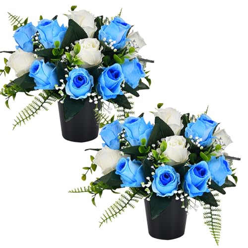 2 Set Artificial Flowers for Graves in Pot with 12-Head Blue White Roses Flake Plastics Silk Funeral Memorial Cemetery Artificial Grave Flowers Outdoor Graveside Ornaments for Granddad Mum Dad Friend