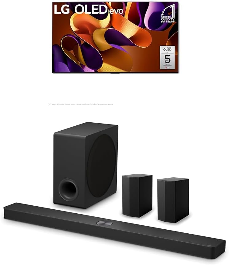 LG 77-Inch Class OLED evo G4 Series Smart TV 4K Processor Flat Screen with Alexa Built-in (OLED77G4WUA, 2024), 7.1.3 ch. Soundbar with Wireless Dolby Atmos and Rear Speakers