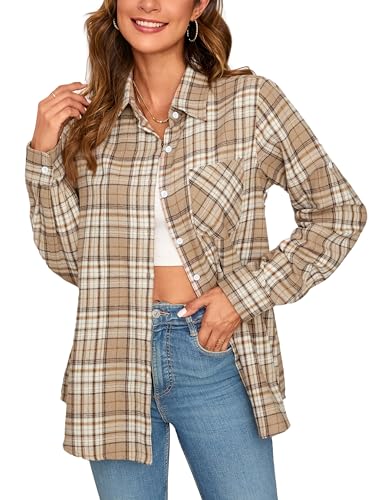 Stamain Kariertes Hemd Damen Freizeit Flanellbluse Langarm Karierte Bluse Beige Cowboy Karohemd mit Tasche L