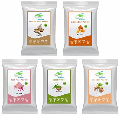 Manaali NaturalsSandalwood, Rose petal, Neem and Orange peel and Multani mitti powder 50g x 5 combo pack for face and skin care(250gm)