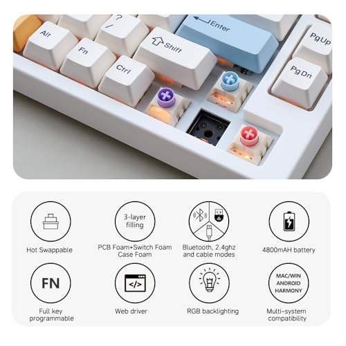 Image of NJ80-AP Wireless Mechanical Keyboard with Knob Bluetooth 5.0 /2.4G /Wired Connection 75% Hot Swappable Custom RGB Programmable Gaming Keyboard with PBT Keycap for Win Mac