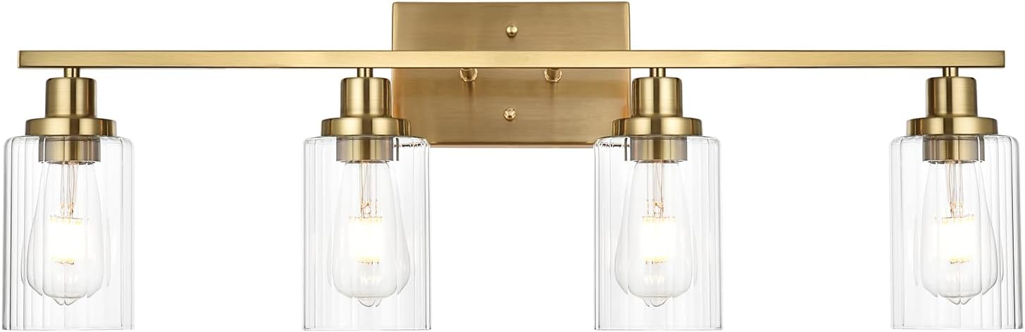Jonsi Gold Bathroom Vanity Lights, 4 Light Brushed Gold Bathroom Light Fixtures with Fluted Glass Shade, Modern Gold Bathroom Lights Over Mirror,Vanity Lighting Fixtures,31.1" W x 10.7" H Gold 4 Light 31.1 Inch